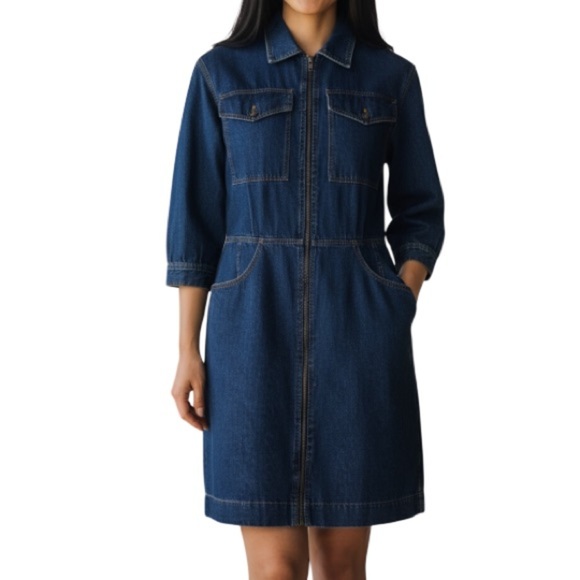 Vintage 80’s Impromptu Denim Zip-Up Dress Blue Dark Wash Padded Shoulders M - Picture 1 of 12